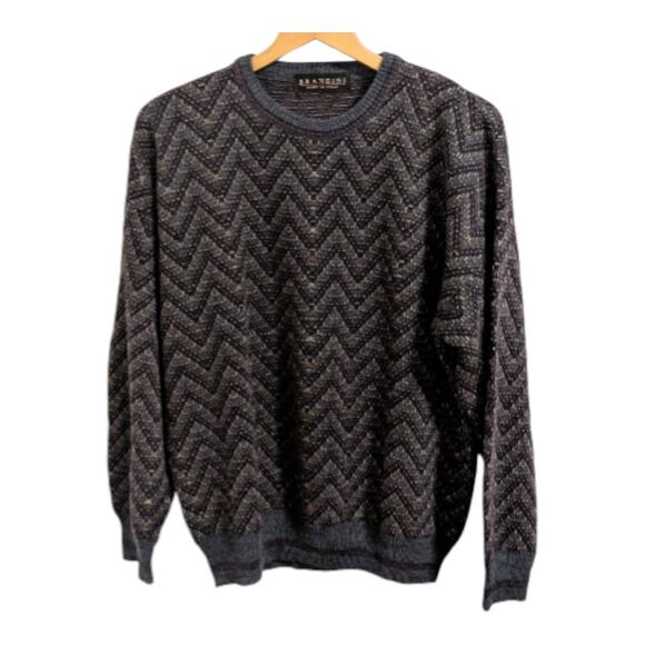 Brandini Wool Sweater Mens XL Brown Black Lightweight Knit Crew Cosby Italy - Picture 1 of 9
